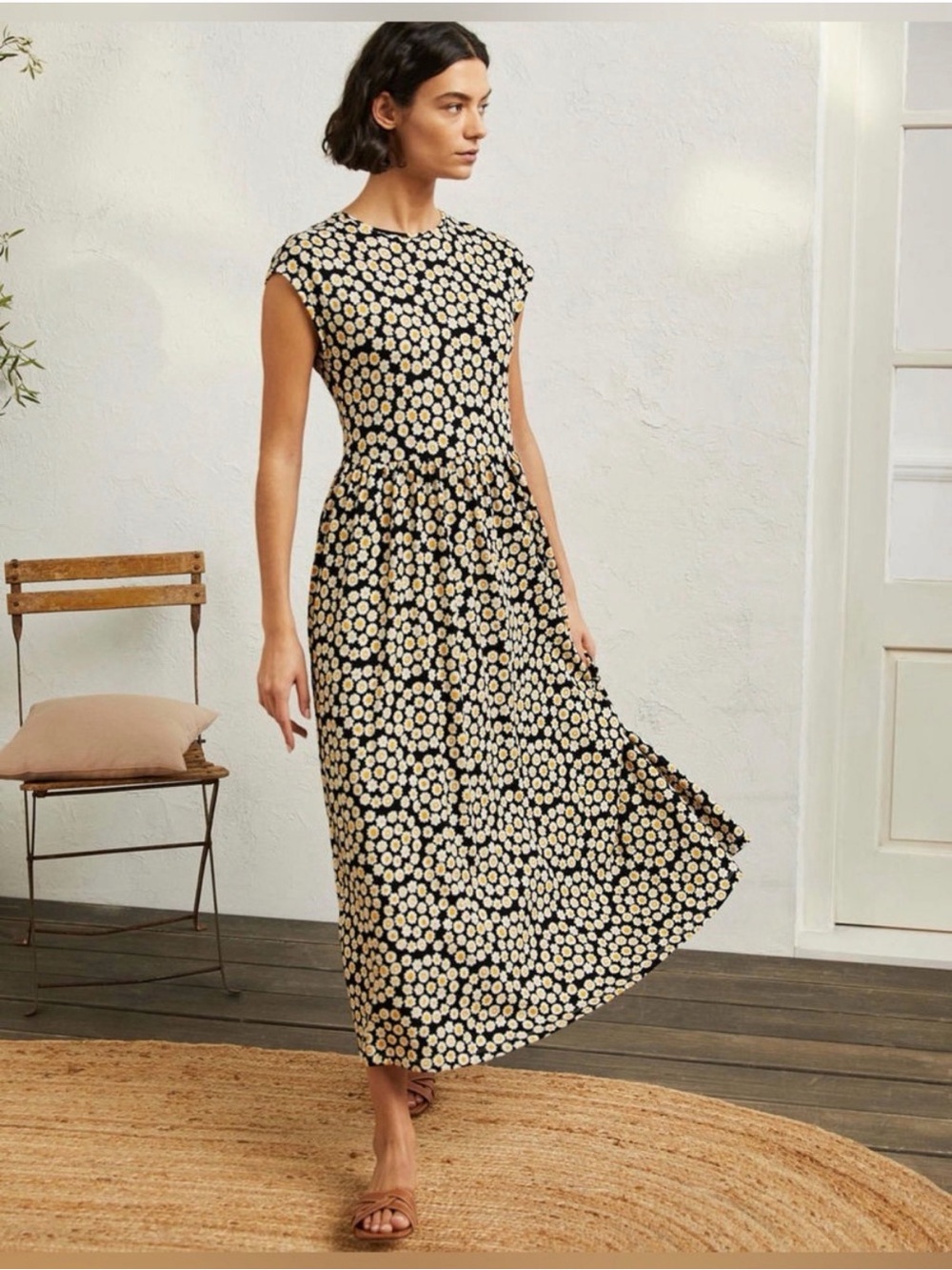 Boden Women’s 16/18 Black Yellow Daisy Floral Cotton Maxi Dress